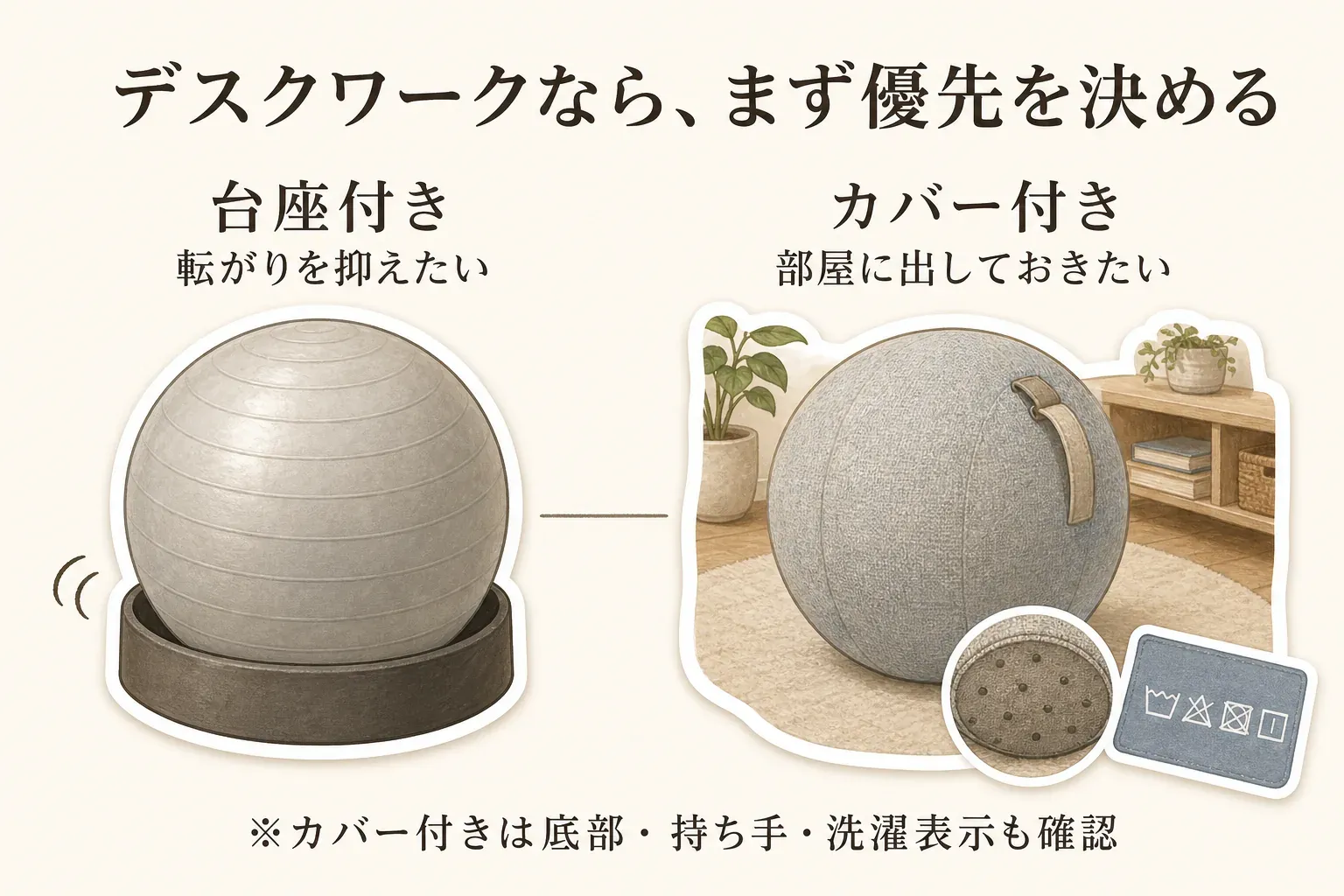 デスクワーク用バランスボールの選び方を示す図。転がりを抑えたい場合は台座付きを、部屋に出しておきたい場合はカバー付きを選び、カバー付きでは底部の滑り止め・持ち手・洗濯表示も確認するよう案内している