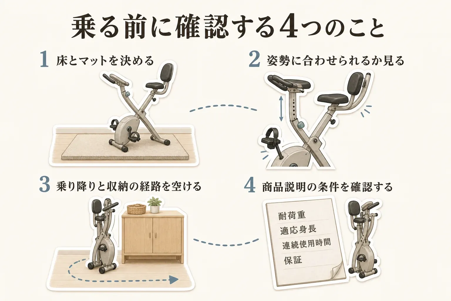 折りたたみフィットネスバイクを安定して使うための4つの確認項目を示す図。水平な床とマット、サドル・ペダル・背もたれを自分の姿勢に合わせること、乗り降りと収納の移動経路を空けること、耐荷重・適応身長・連続使用時間・保証を商品説明で確認することを描く