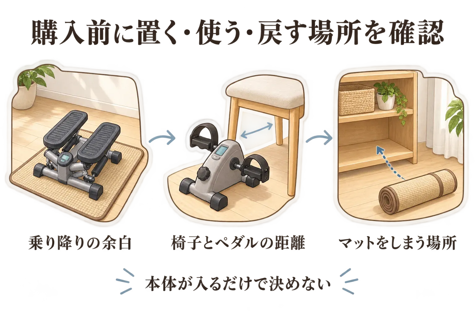 購入前に置く・使う・戻す場所を確認する図。ステッパーの乗り降りの余白、ミニバイクと椅子・ペダルの距離、マットをしまう場所を確かめ、本体が入るだけで決めないことを示している