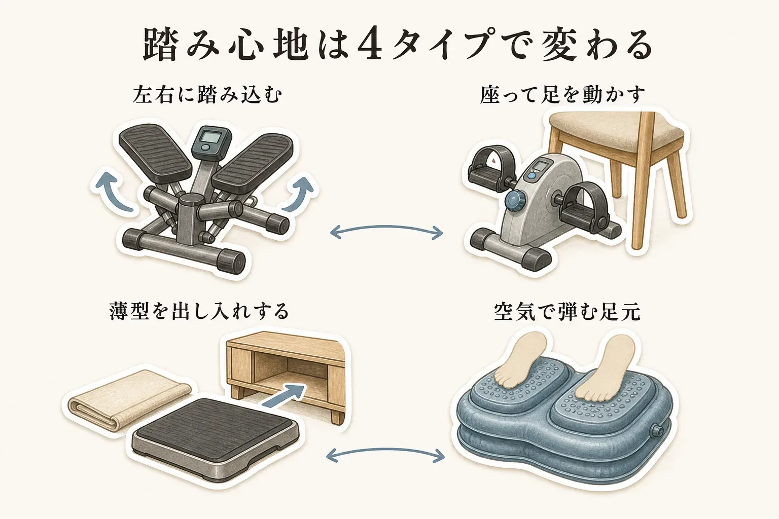 静音ステッパーの踏み心地を4タイプで比べる図。左右に踏み込むサイドステッパー、椅子に座って足を動かすモーションナビ、薄型ステッパーを出し入れする様子、空気で弾む足元のエアステッパーを描く