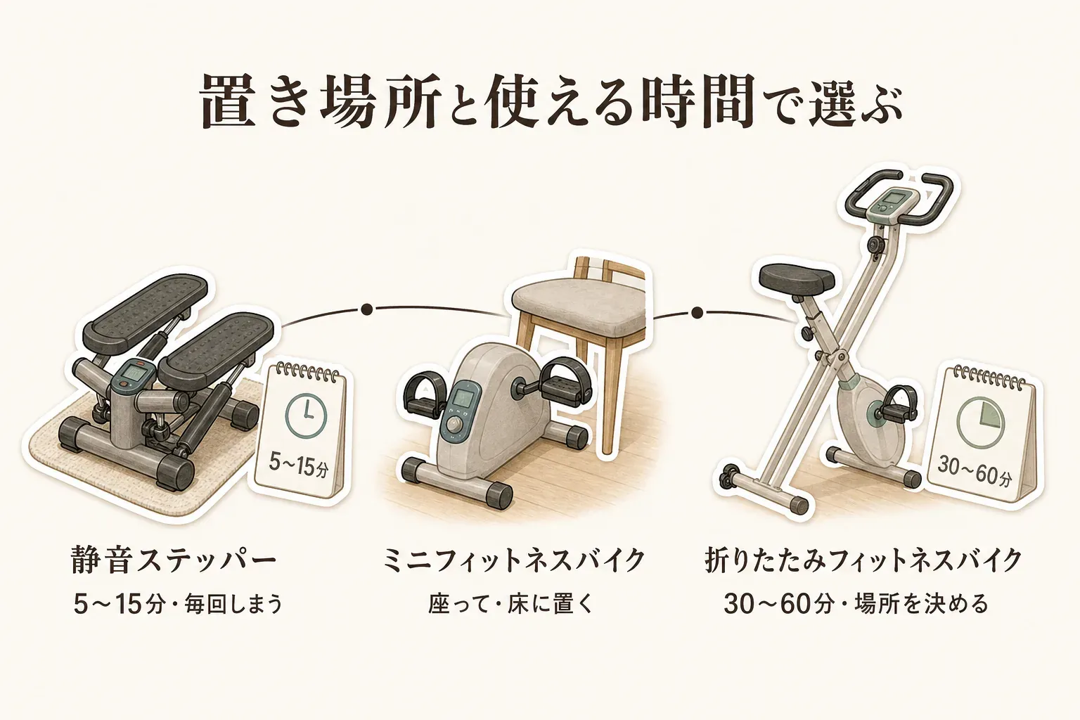 置き場所と使える時間で、静音ステッパーは5〜15分で毎回しまう、ミニフィットネスバイクは座って床に置く、折りたたみフィットネスバイクは30〜60分で場所を決めるという選び方を示す図