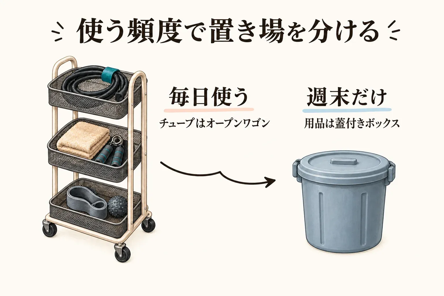 使う頻度で置き場を分ける図。毎日使うトレーニングチューブはオープンワゴンに置き、週末だけ使う用品は蓋付き収納ボックスに入れる使い分けを示す