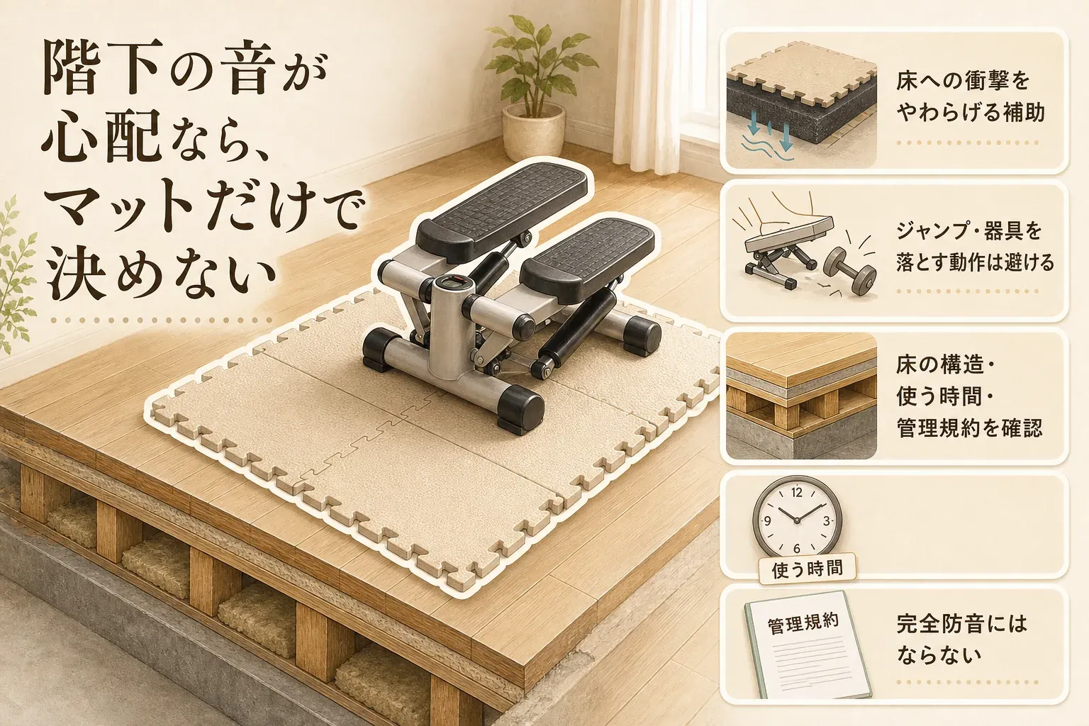 ジョイントマットの上でステッパーを使う図。マットは床への衝撃をやわらげる補助であり、ジャンプや器具を落とす動作を避け、床の構造・使う時間・管理規約を確認しても完全防音にはならないことを示す図
