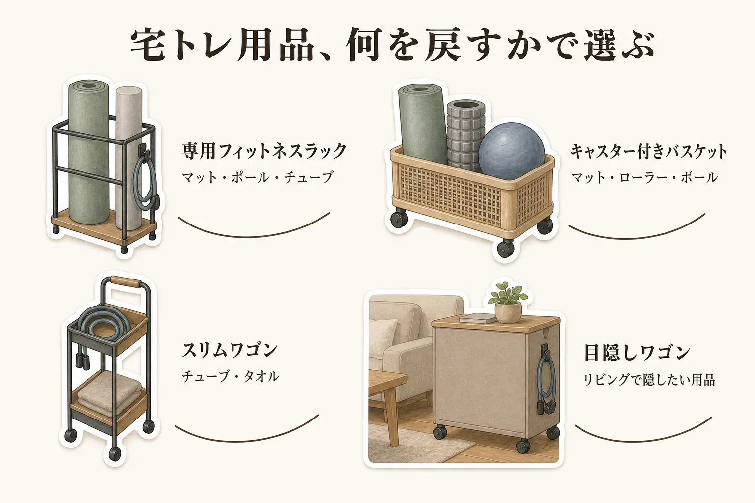宅トレ用品を戻す物別に選ぶ4種類の収納を示す図。マット・ポール・チューブ用の専用フィットネスラック、マット・ローラー・ボール用のキャスター付きバスケット、チューブ・タオル用のスリムワゴン、リビングで用品を隠す目隠しワゴンを描く